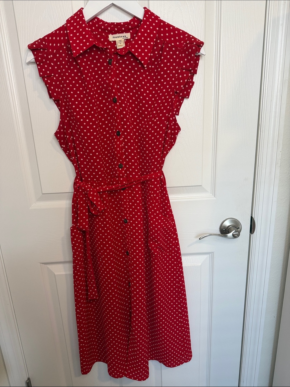 Monteau Red White Polka Dot Button Front Midi Dress Tie Waist Size L pockets